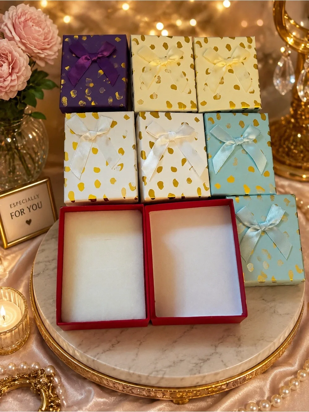 Set of 8 Decorative Gift Boxes with Gold Dot Accents & Ribbon on front